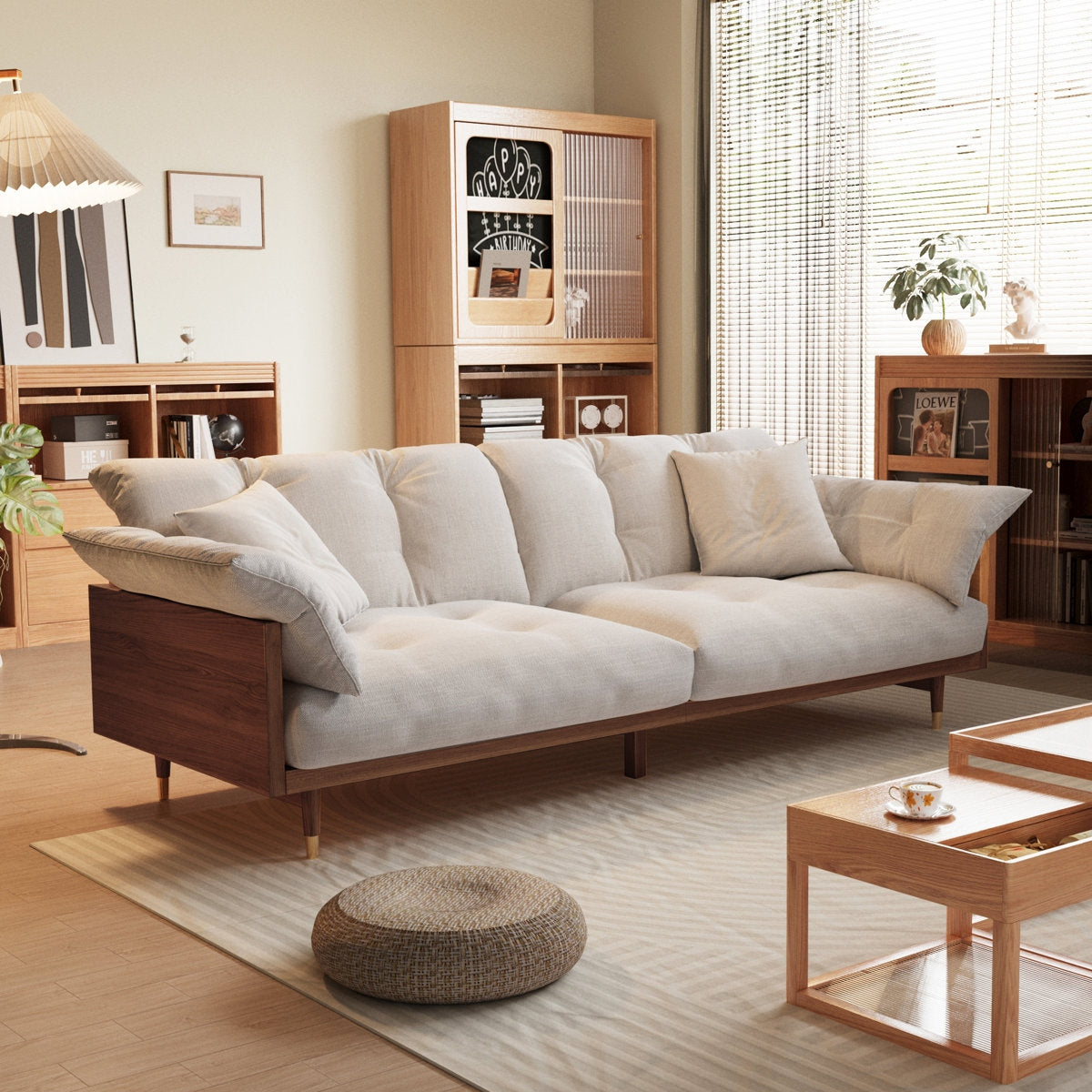 3 Seater Sheesham Wood Sofa in Walnut Finish and Cotton Upholstery