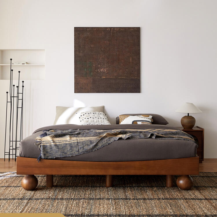 Japanese Style Low Platform Bed: Honey Acacia Wood with Distinct Spherical Legs