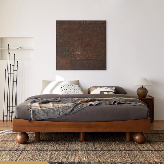 Japanese Style Low Platform Bed: Honey Acacia Wood with Distinct Spherical Legs