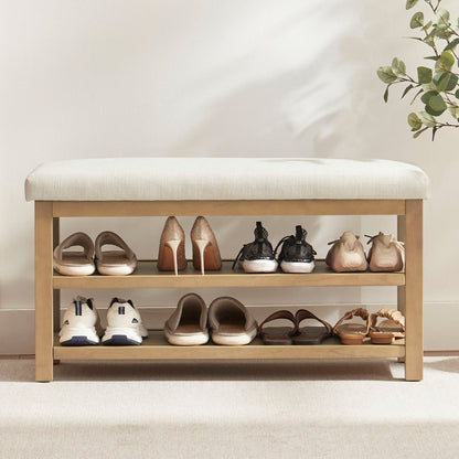 Space-Saving Solid Wood Shoe Bench with Dual Shelves and Comfortable Upholstered Seating
