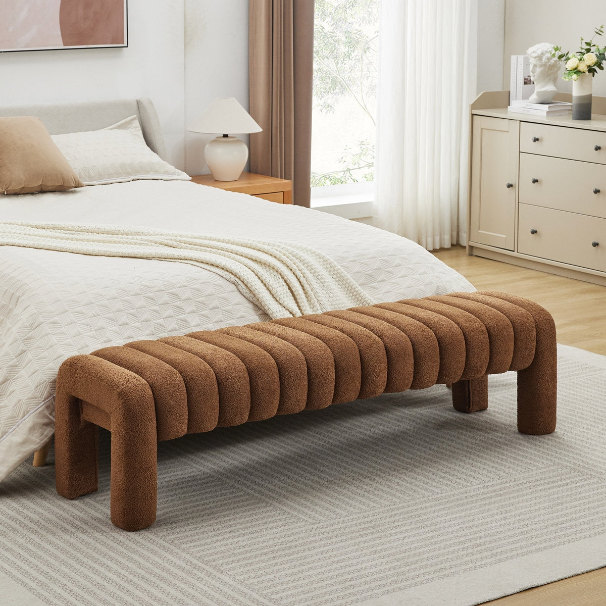 Ribbed Upholstered Bedroom Bench with Solid Wood Internal Frame
