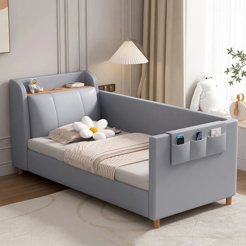 ADOUER WOOD KIDS Upholstered Baby Cot – Modern Padded Toddler Bed with Built-in Headboard Bookshelf and Side Storage Pockets