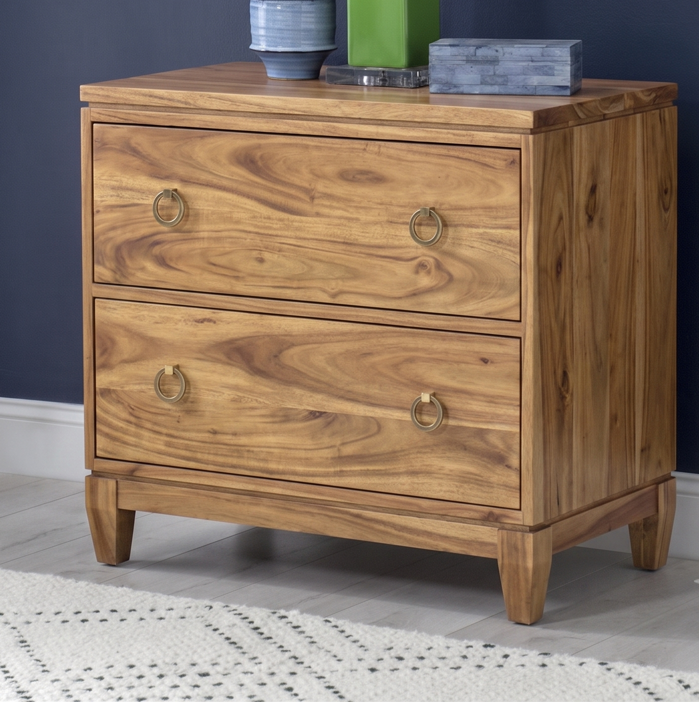 ADOUER WOOD Modern  Two-Drawer Bedside Table with Gold Ring Pulls