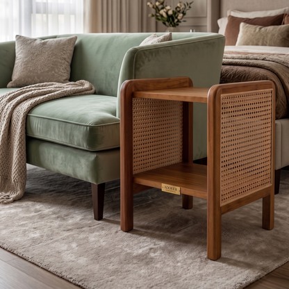 ADOUER WOOD Mid-Century Modern Wood & Rattan Nightstand – 2-Tier End Table with Cane Webbing Sides