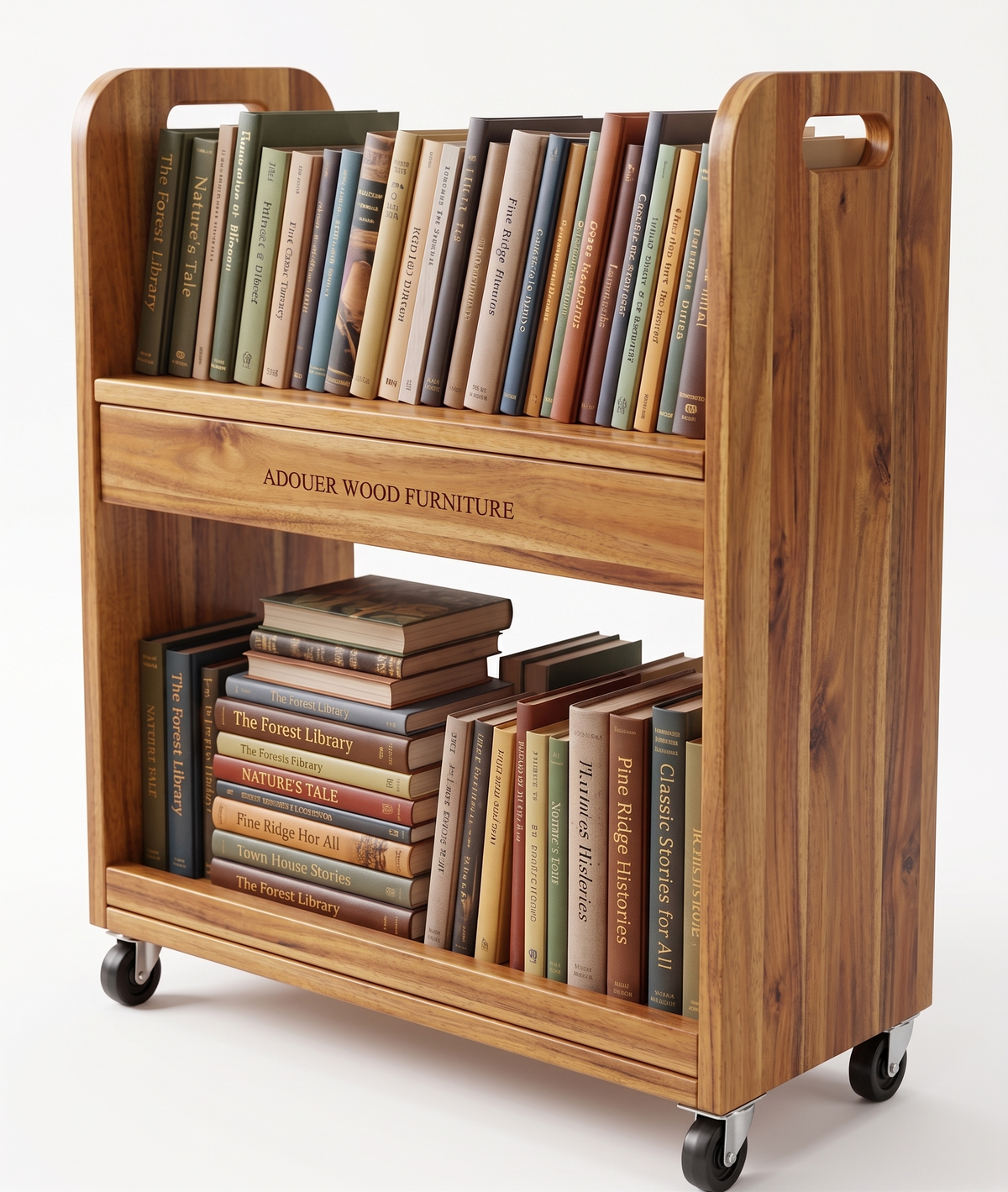 ADOUER WOOD 2-Tier Rolling Wooden Bookcase & Magazine Stand with Handles
