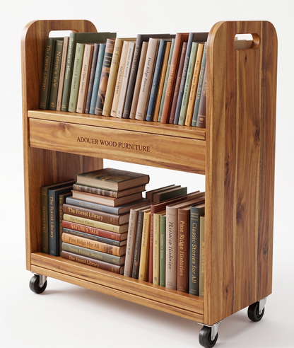 ADOUER WOOD 2-Tier Rolling Wooden Bookcase & Magazine Stand with Handles
