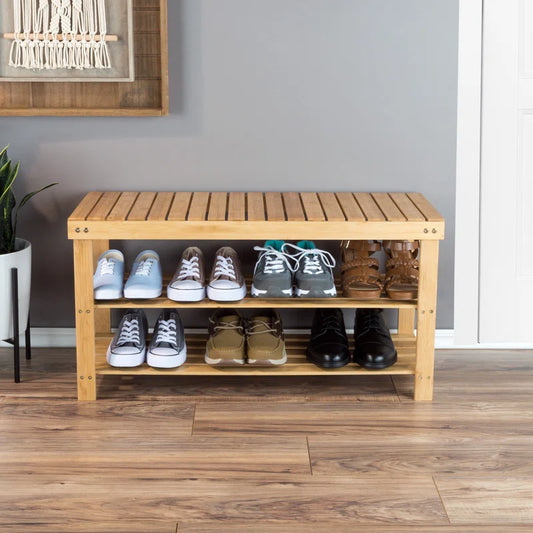 ADOUER WOOD Solid Acacia Wood Open Shelf Natural 8 Pair Shoe Rack With Seat