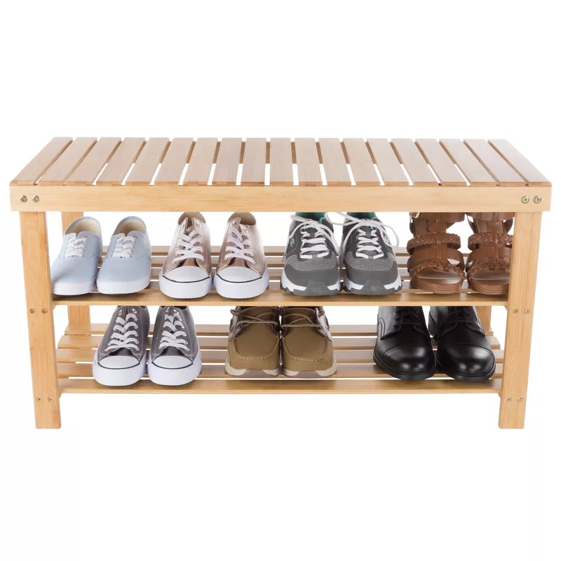 ADOUER WOOD Solid Acacia Wood Open Shelf Natural 8 Pair Shoe Rack With Seat