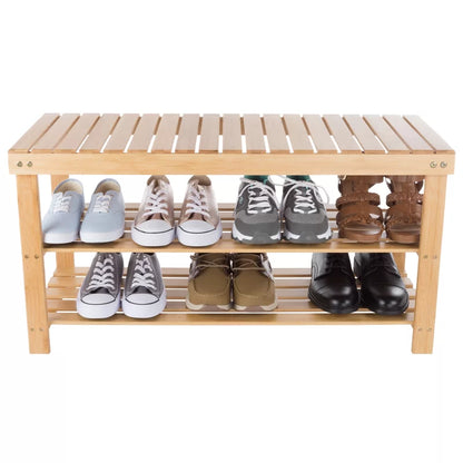 ADOUER WOOD Solid Acacia Wood Open Shelf Natural 8 Pair Shoe Rack With Seat