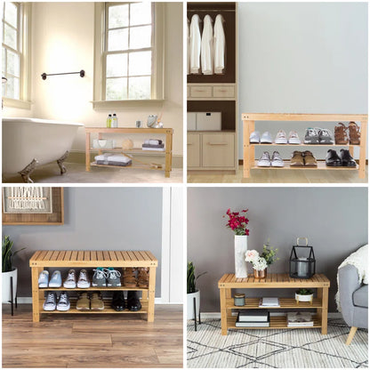 ADOUER WOOD Solid Acacia Wood Open Shelf Natural 8 Pair Shoe Rack With Seat