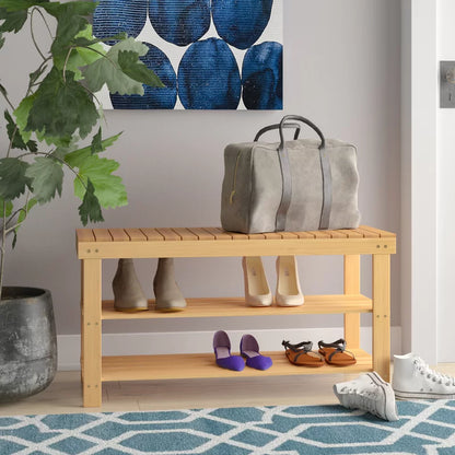 ADOUER WOOD Solid Acacia Wood Open Shelf Natural 8 Pair Shoe Rack With Seat