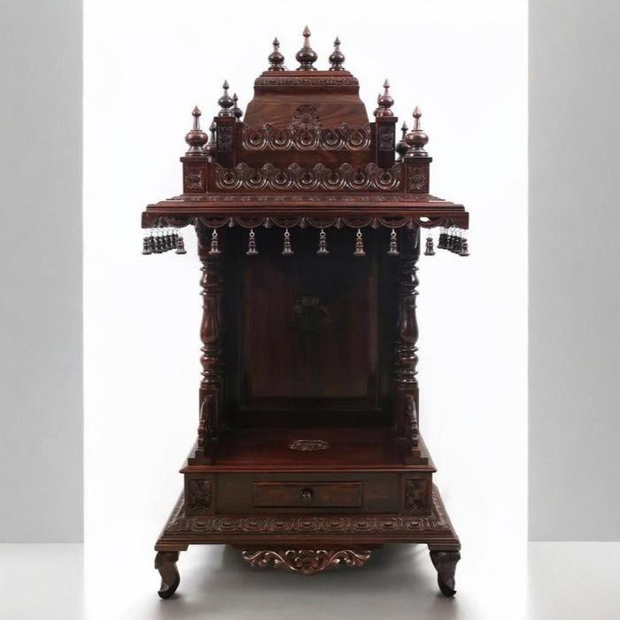 Intricately Carved Indian Style Sheesham Wood Mandir - Walnut Finish