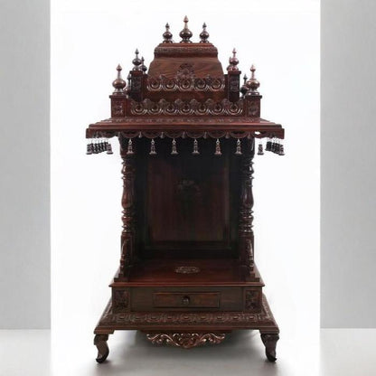 Intricately Carved Indian Style Sheesham Wood Mandir - Walnut Finish