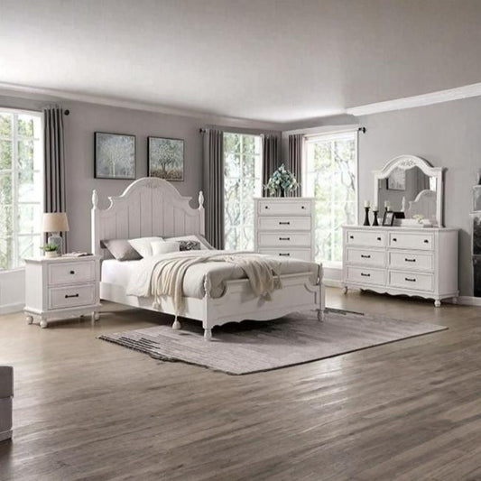 Adouer Wood "Vintage White Luxury Wooden Bed with Intricate Headboard Design – Classic Bedroom Furniture"