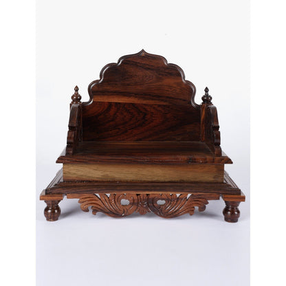 Sheesham Wood Designer Pooja Chowki with Intricate Front Carving – Walnut