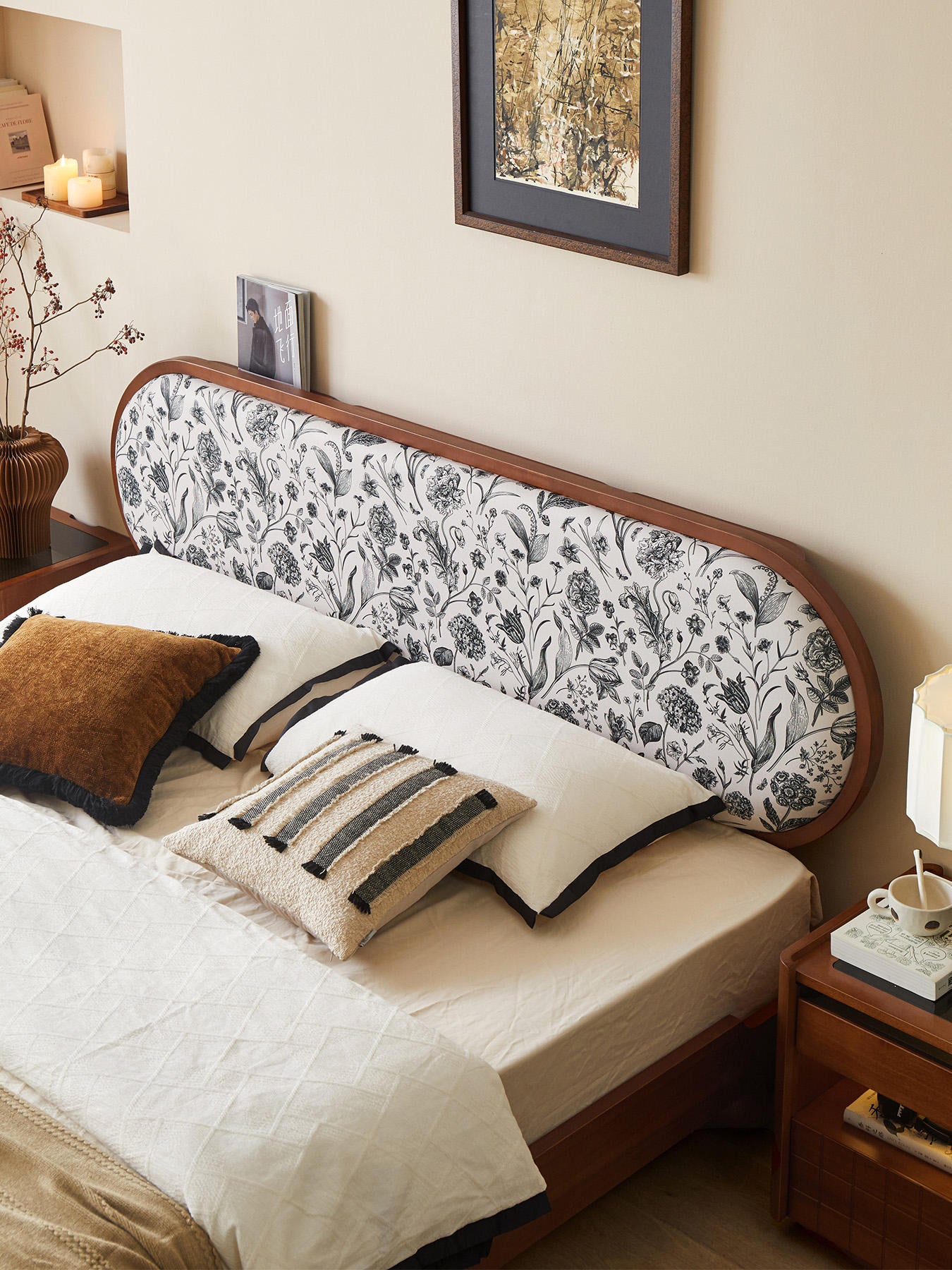 Walnut Sheesham Wood Fusion Bed: Japanese Low Profile with Botanical Upholstered Headboard