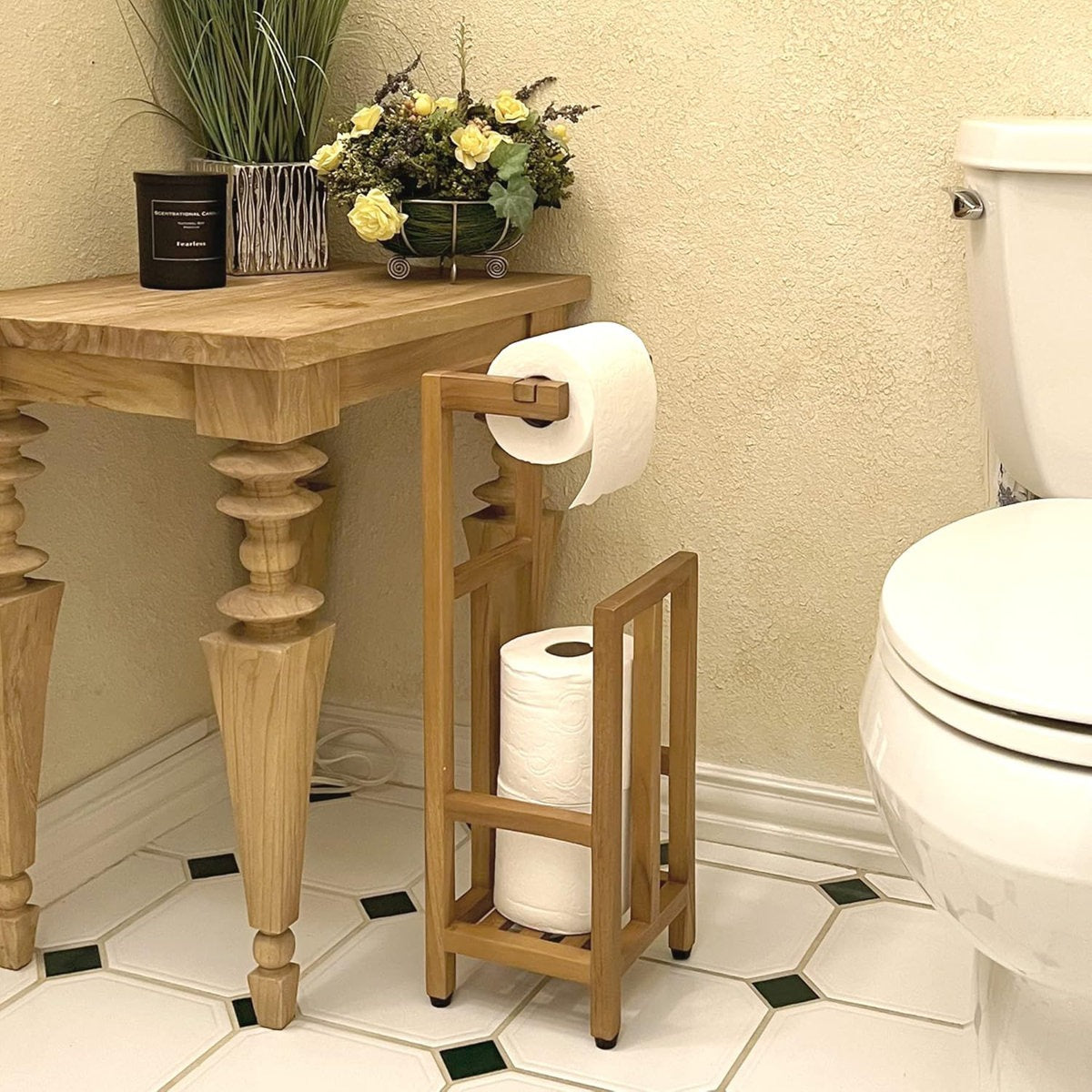 Solid Wood Free-Standing Toilet Paper Holder with Open Storage