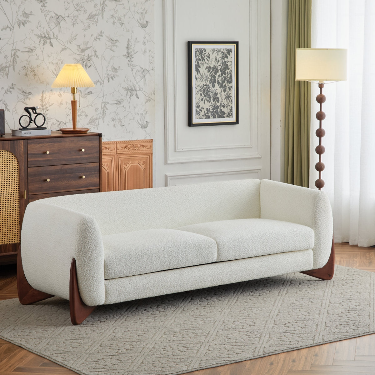 Elegant Boucle Sofa with Curved Sheesham Base