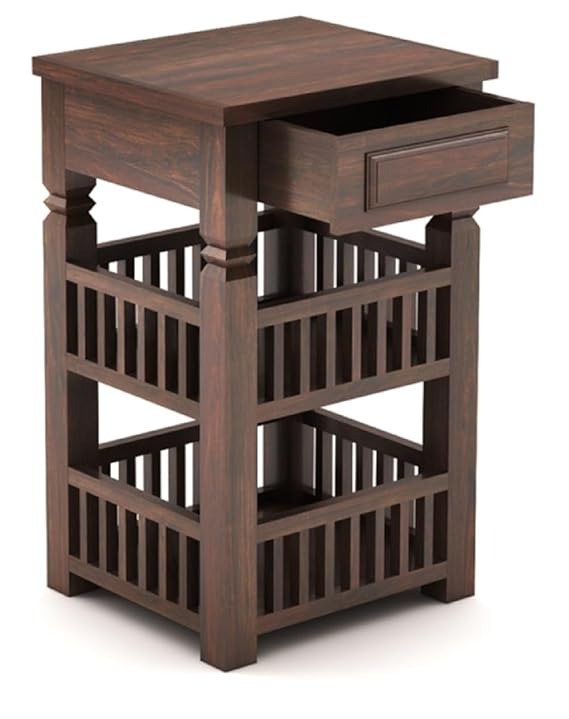 Sheesham 2-Tier Bed Side Table , Narrow End Side Table, Space-Saving Slim Night Stand with Shelf and Drawer Storage