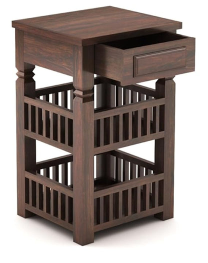 Sheesham 2-Tier Bed Side Table , Narrow End Side Table, Space-Saving Slim Night Stand with Shelf and Drawer Storage