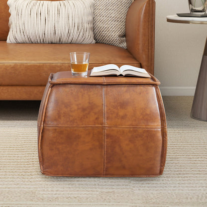 Barrel-Style Faux Leather Cube Ottoman with Panel Detailing