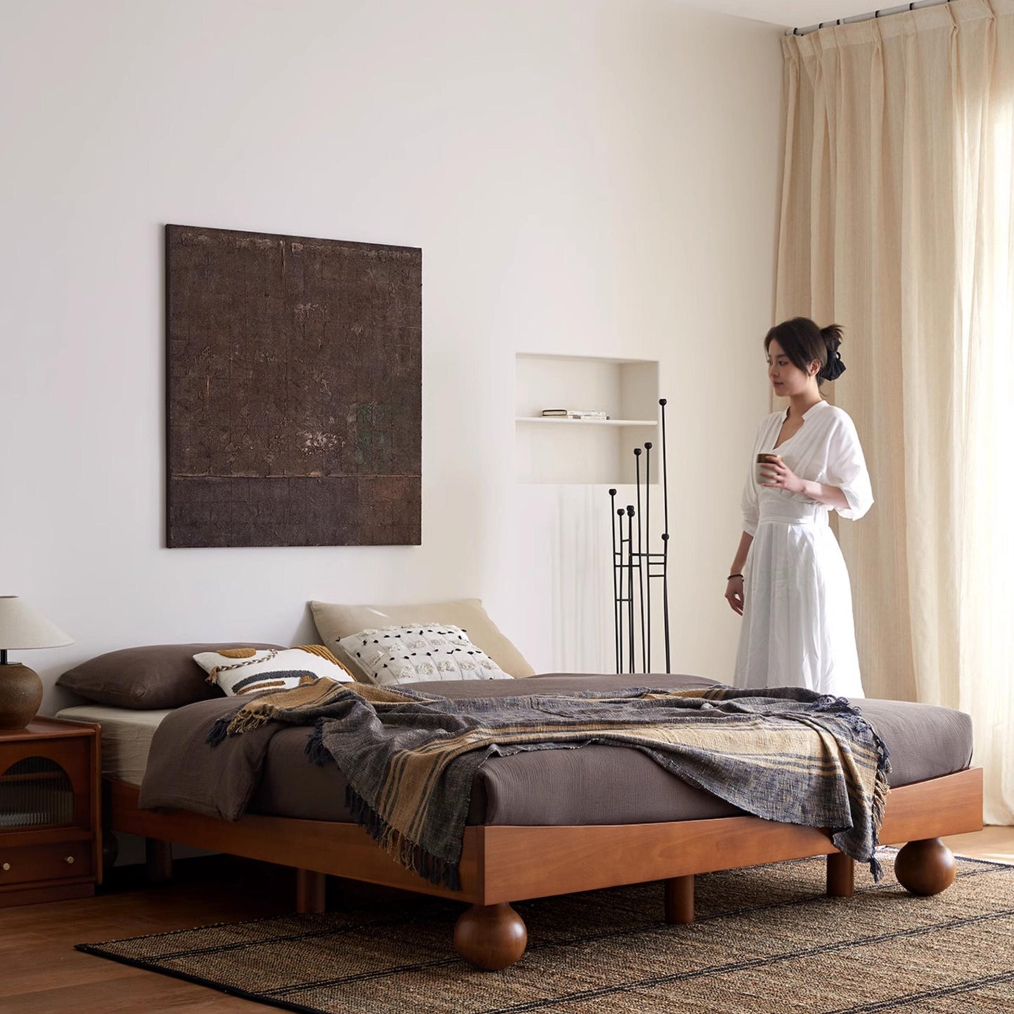 Japanese Style Low Platform Bed: Honey Acacia Wood with Distinct Spherical Legs