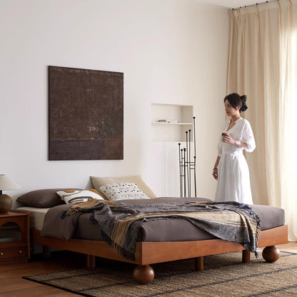 Japanese Style Low Platform Bed: Honey Acacia Wood with Distinct Spherical Legs