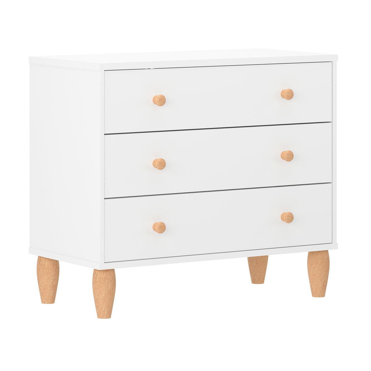ADOUER WOOD Solid Wood 3-Drawer Kids Chest of Drawers – Modern White Nursery Dresser with Natural Legs & Knobs – Minimalist Storage Organizer for Kids Bedroom