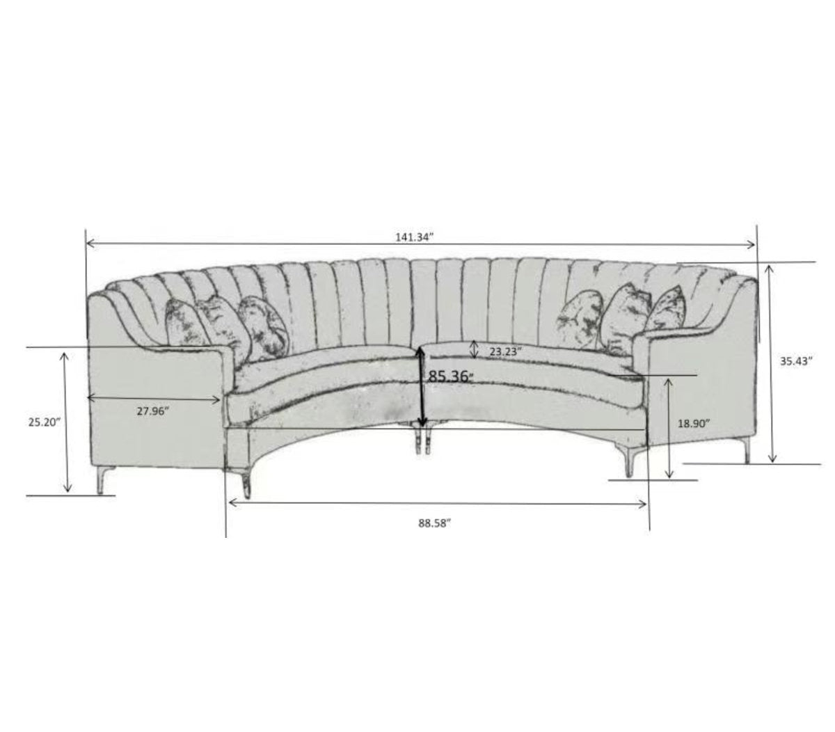 Luxurious Velvet Curved 6 Seater Sofa stainless steel Leg