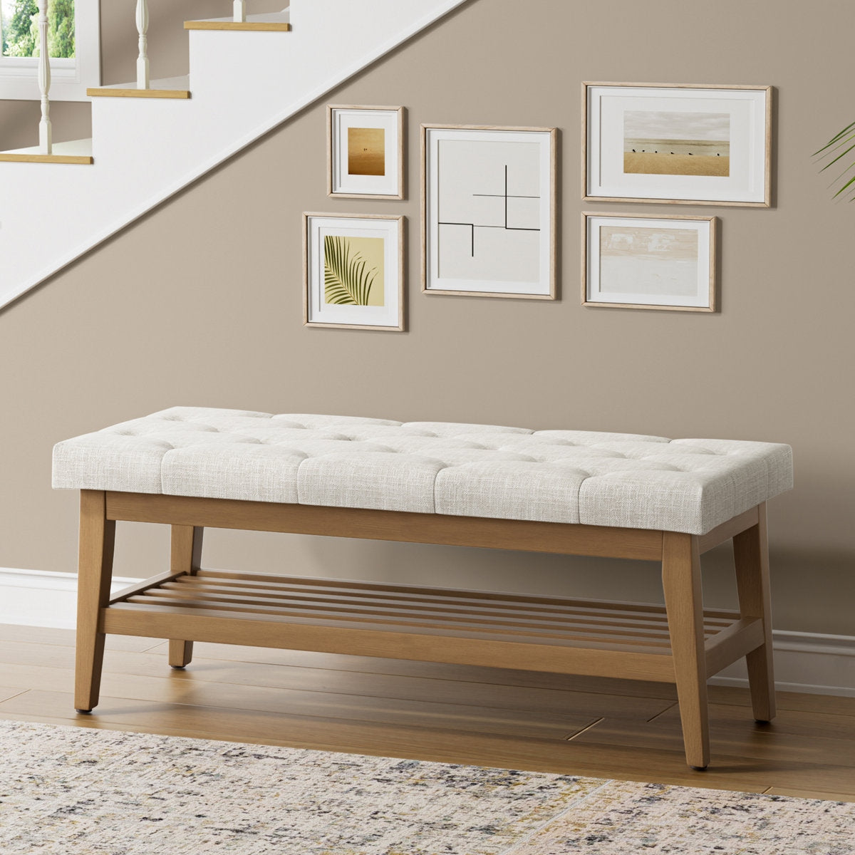 Zen-Inspired Solid Wood Upholstered Bench with Seamless Storage Compartment