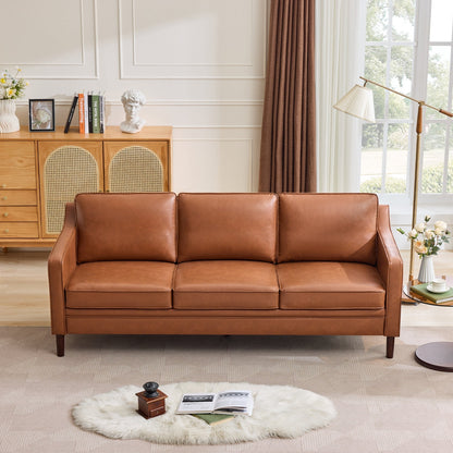 Classic Brown Leather Couch with Sheesham Wood Frame and Tapered Legs