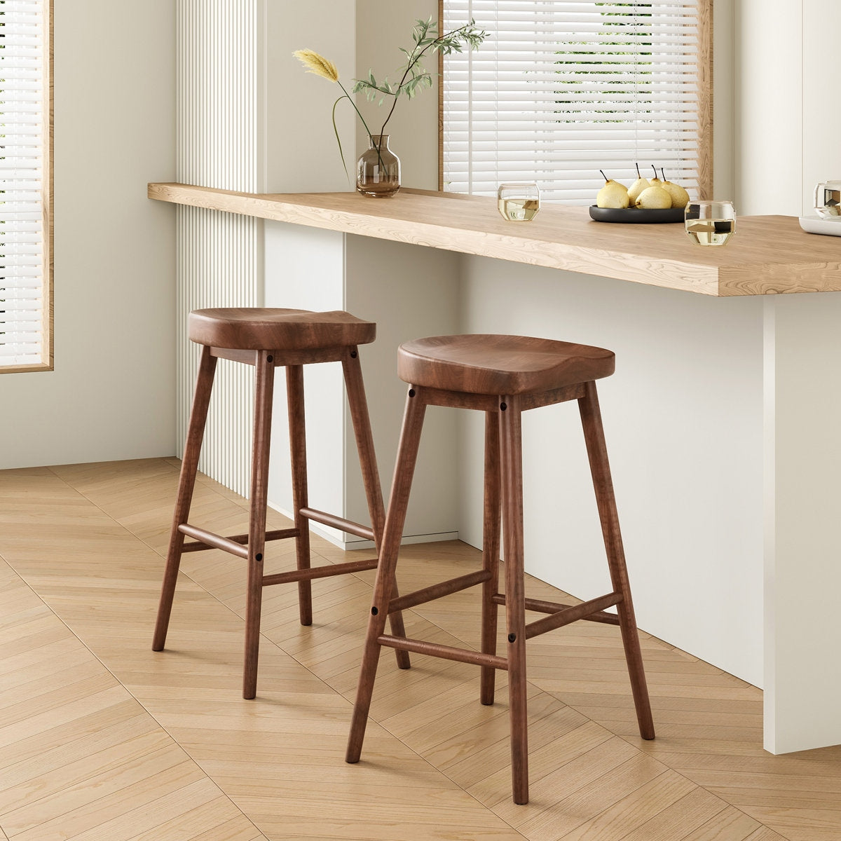The Sculpted Walnut Saddle Stool: Solid Wood Mid-Century Bar Seating (Set of 2)