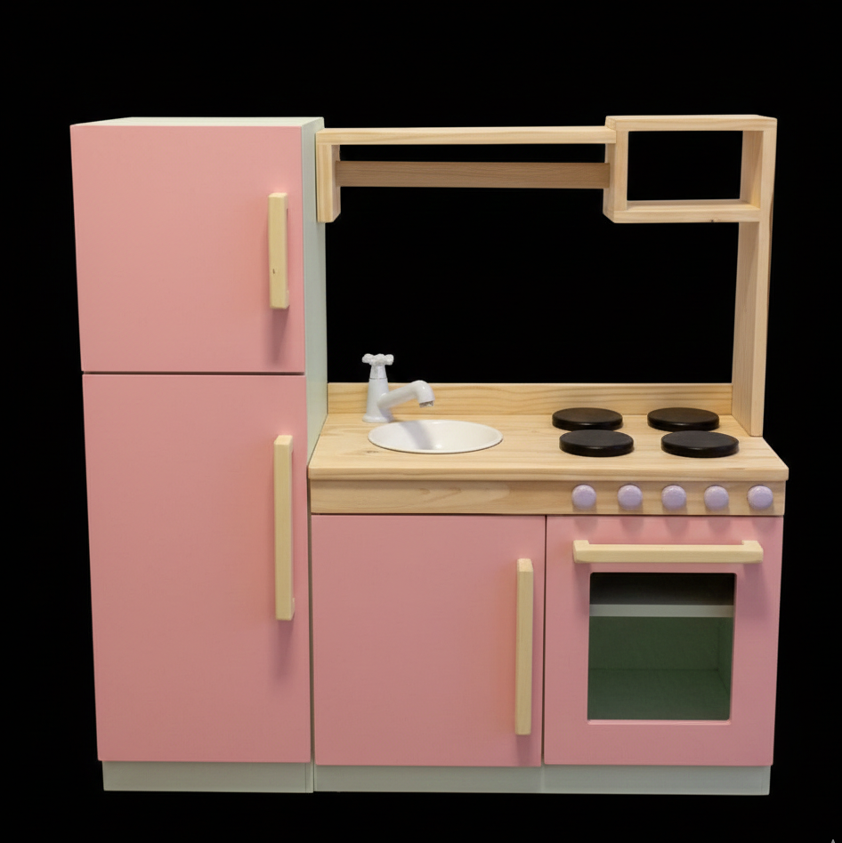 Premium Wooden Kids Play Kitchen Set – All-in-One Toy Kitchen with Fridge, Oven, Sink & Stove – Pastel Pink & Natural Wood Montessori Toy
