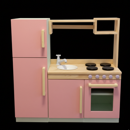 Premium Wooden Kids Play Kitchen Set – All-in-One Toy Kitchen with Fridge, Oven, Sink & Stove – Pastel Pink & Natural Wood Montessori Toy