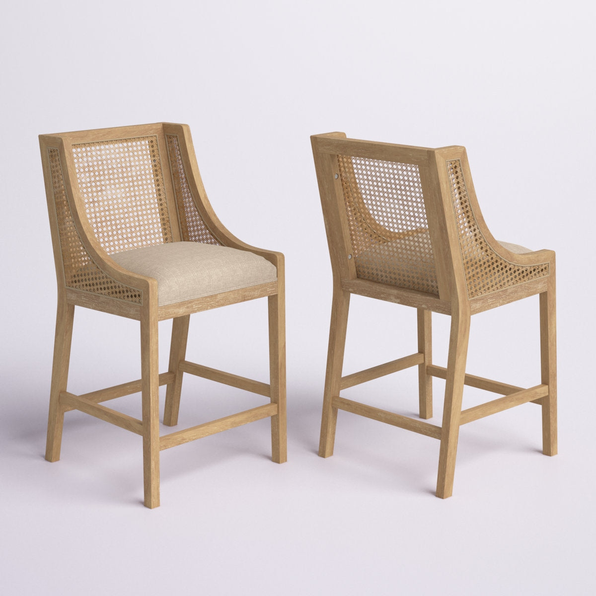 Solid Wood Counter Height Stools with Natural Rattan Backrest and Premium Upholstered Cushioning – Set of 2