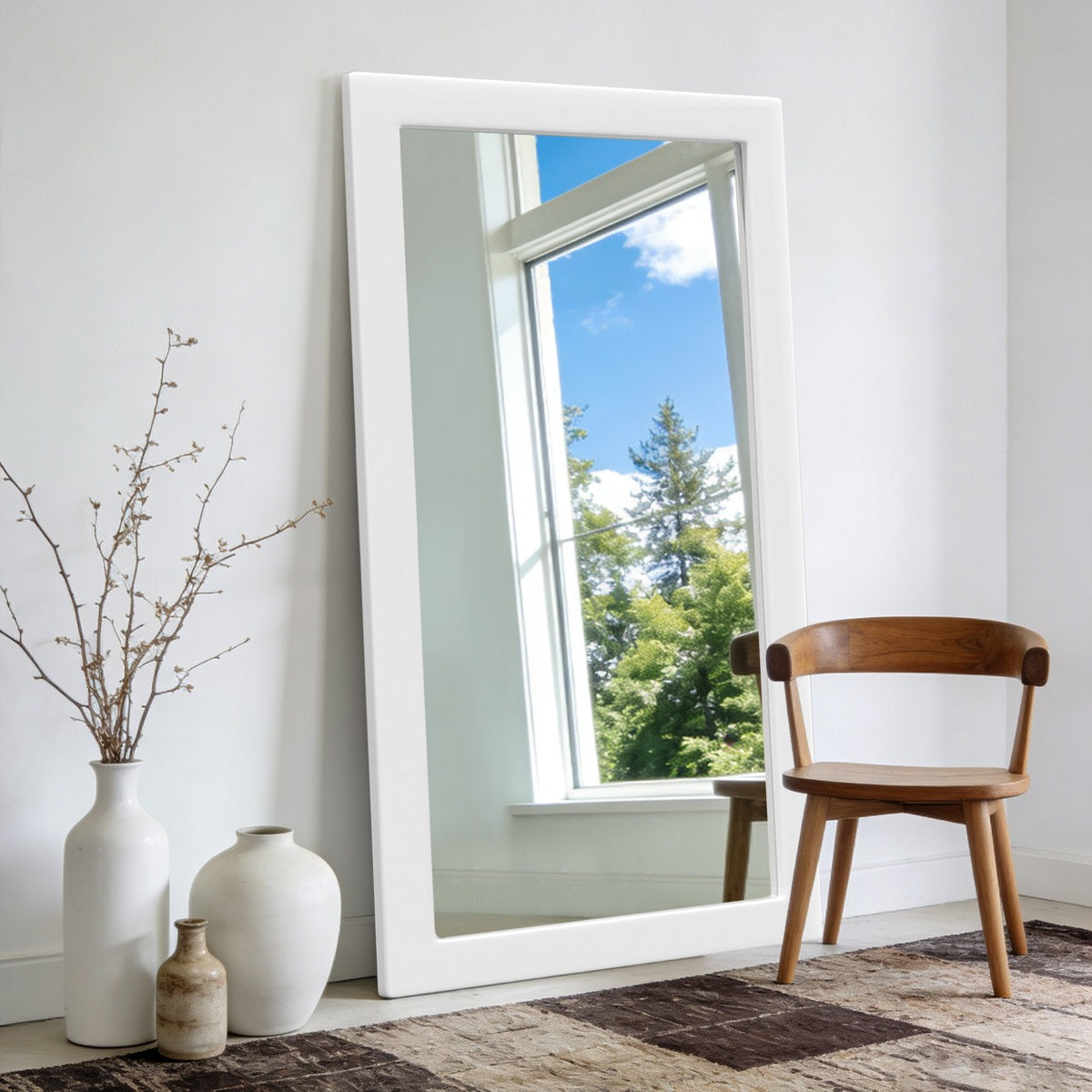 Modern Full-Length Standing Mirror with Wide White Wooden Frame