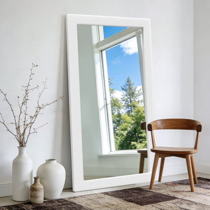 Modern Full-Length Standing Mirror with Wide White Wooden Frame