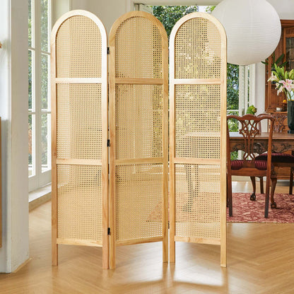 ADOUER WOOD Arched 3-Panel Solid Wood & Rattan Room Divider