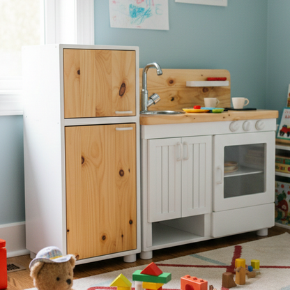 ADOUER WOOD Handcrafted Wooden Play Kitchen for Toddlers – Natural & White Montessori Toy Kitchen with Fridge, Oven, and Sink