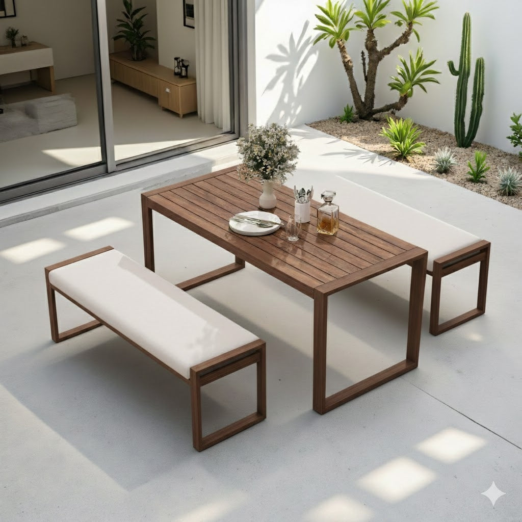 Contemporary Solid Wood Outdoor Dining Suite: Slat-Top Table with Integrated Bench Seating