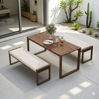 Contemporary Solid Wood Outdoor Dining Suite: Slat-Top Table with Integrated Bench Seating