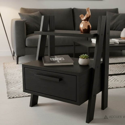 Linear Ladder Solid Wood Bedside Table with Storage Drawer and Display Shelf