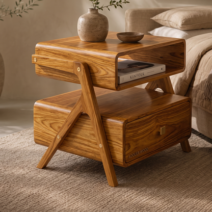 Adouer Wood Retro Solid Wood Nightstand – 2-Tier Bedside Table with Drawer