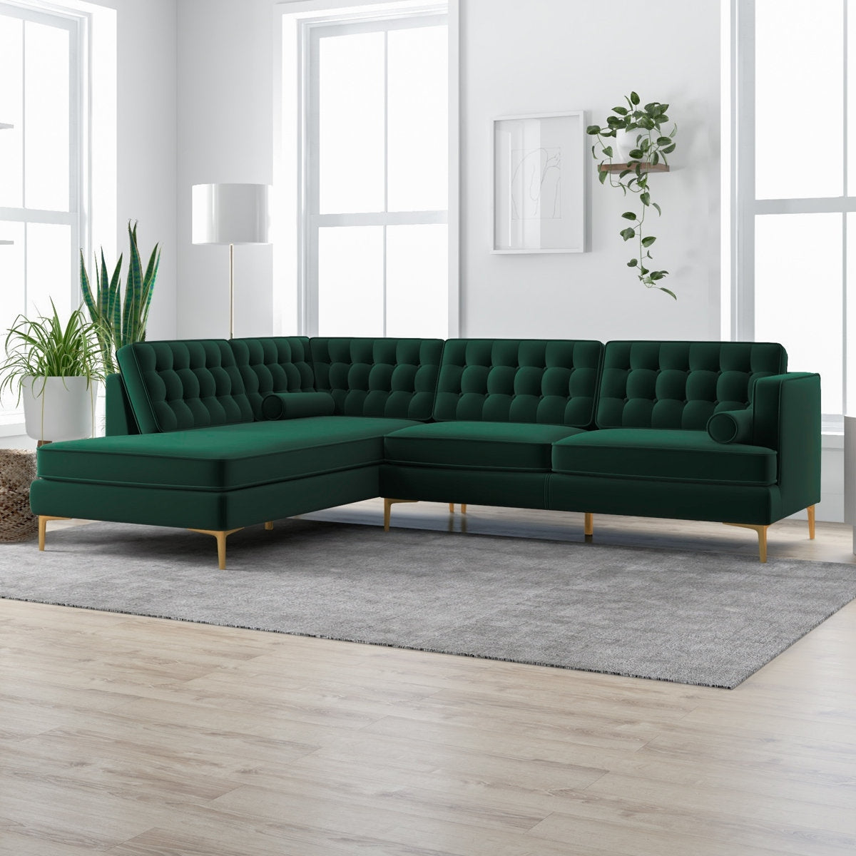 Emerald Green Velvet Tufted L-Shape Sectional 4 Seater Sofa