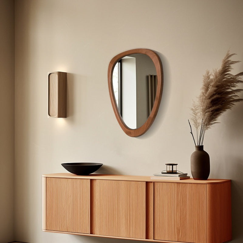 Asymmetrical Wood Wall Mirror - Organic Pebble Shape Mirror for Bathroom, Entryway & Living Room - Mid-Century Modern Decorative Mirror