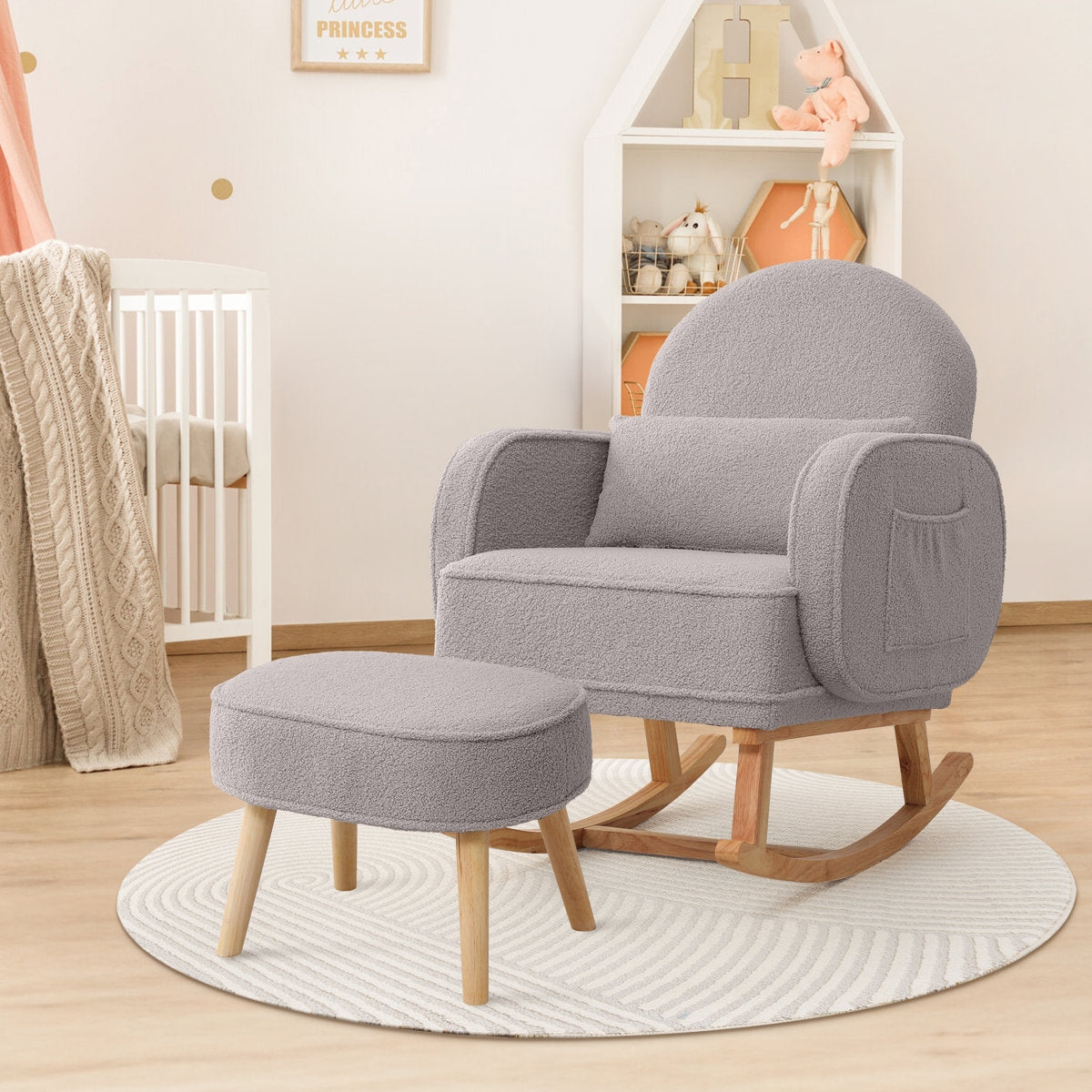 Modern Grey Boucle Rocking Chair and Ottoman with Natural Wood Accents