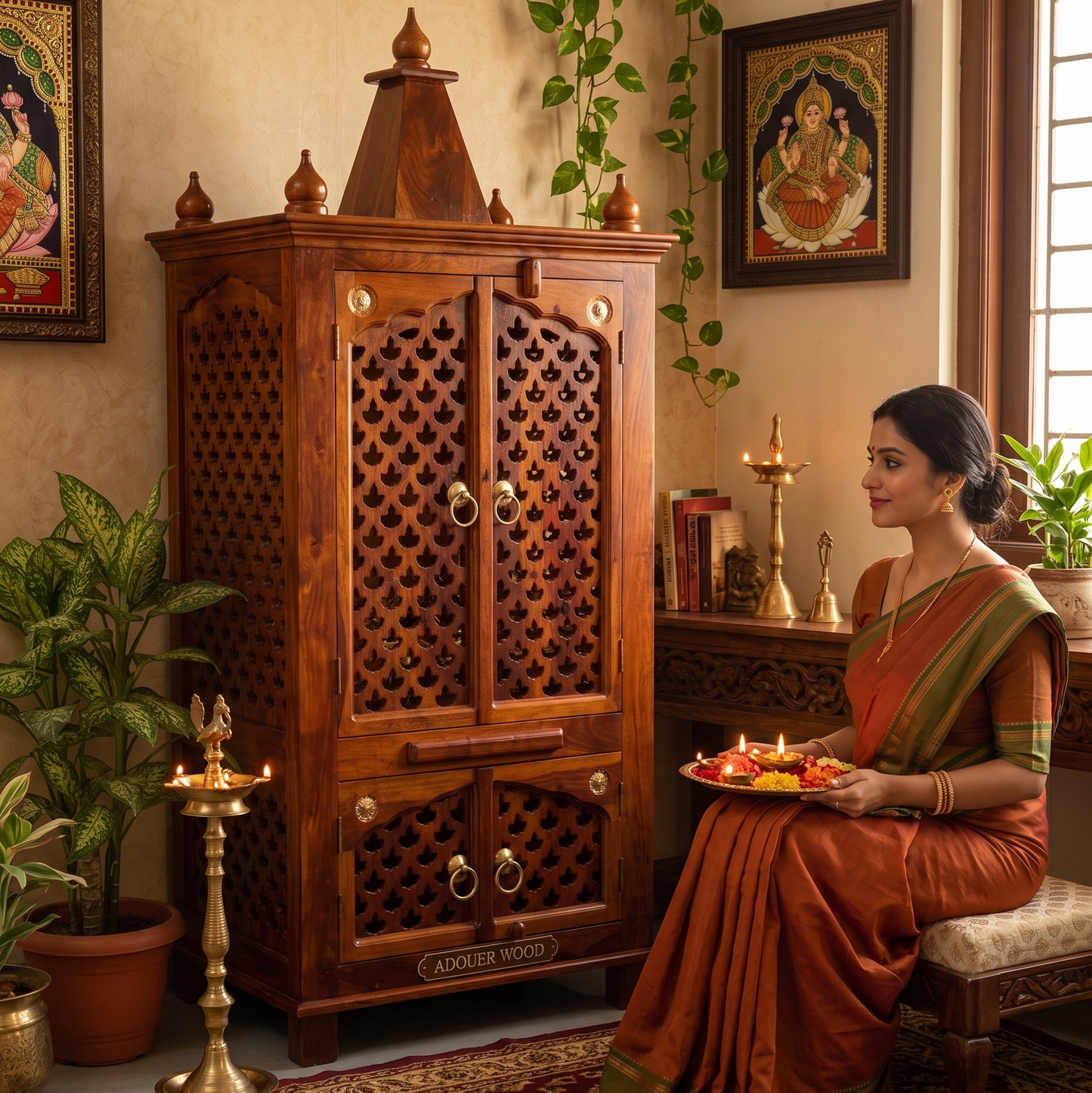 ADOUER WOOD Handcrafted Sheesham Wood Home Temple with Intricate Jali Work & Storage Drawer