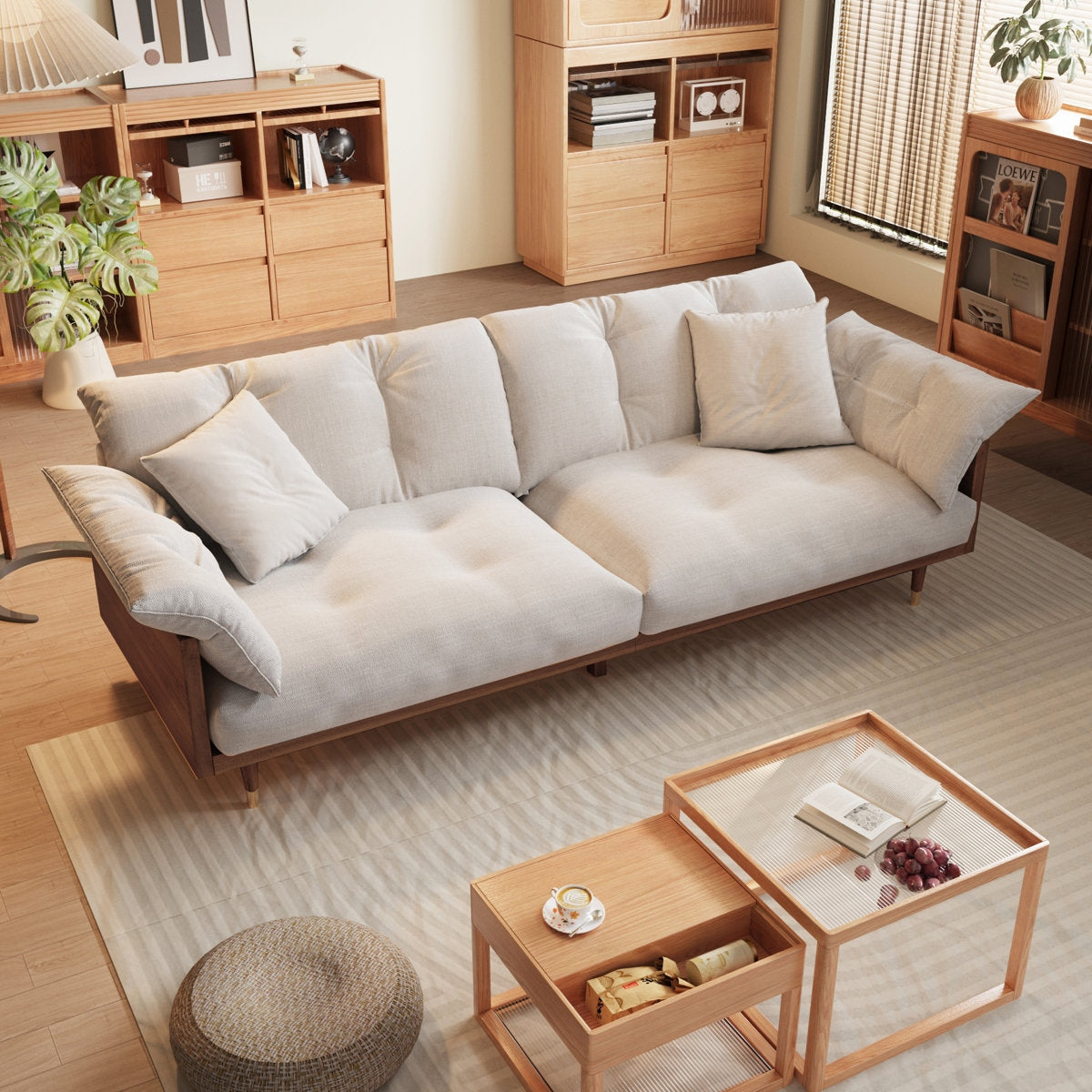 3 Seater Sheesham Wood Sofa in Walnut Finish and Cotton Upholstery