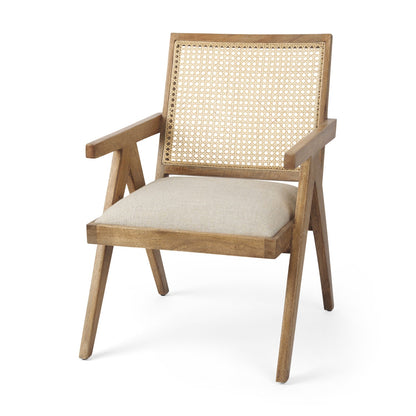 Acacia Wood Cane Back Arm Chair with Cotton Seat