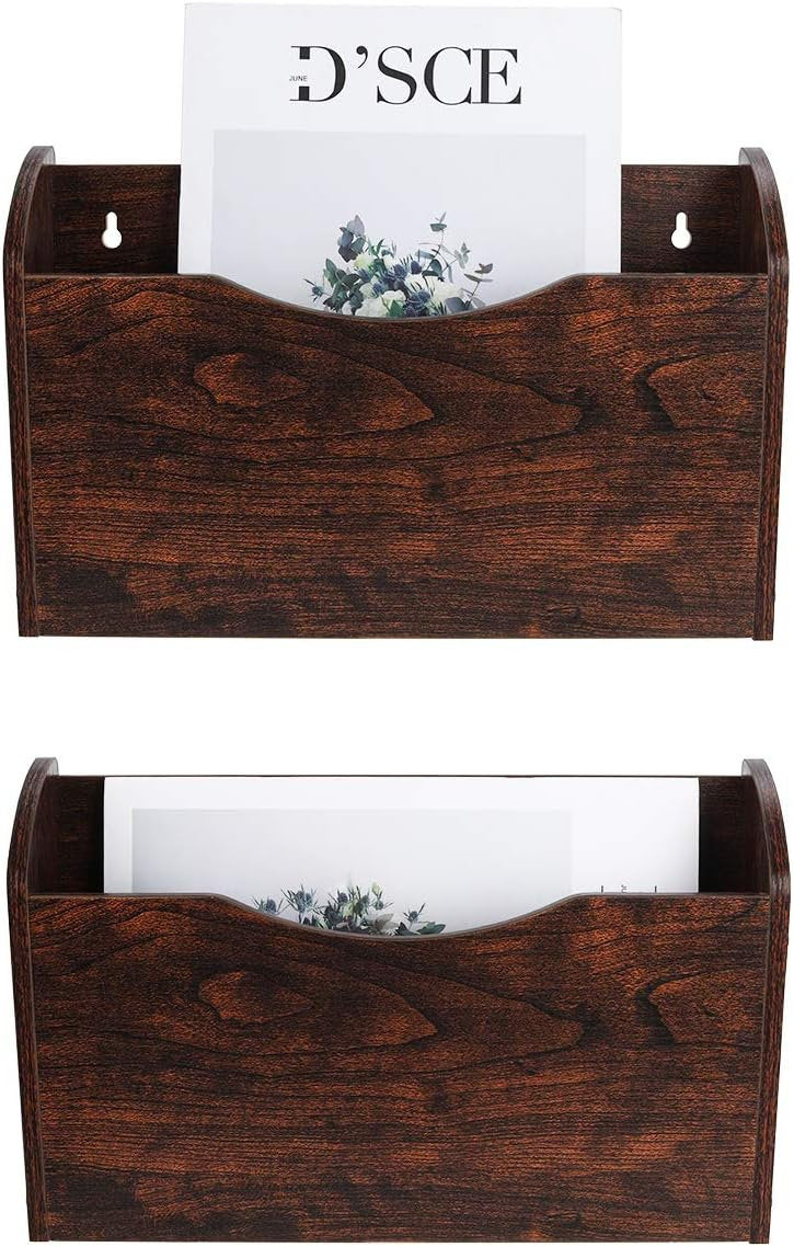Solid Walnut-Finish Wood Wall-Mounted Magazine Rack & File Organizer (Set of 2)